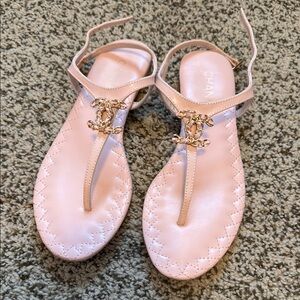 Chanel Quilted Logo T Strap Thong Pink Sandals 39